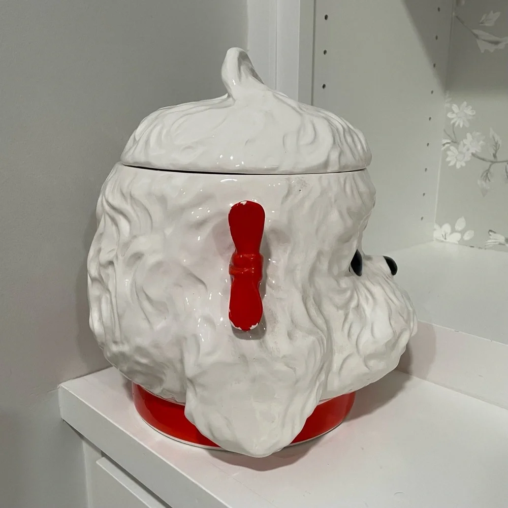 Vintage 1950s Poodle Dog Cookie Jar Red Bows MCM Kitschy Kitchenware Grandma - Picture 4 of 10